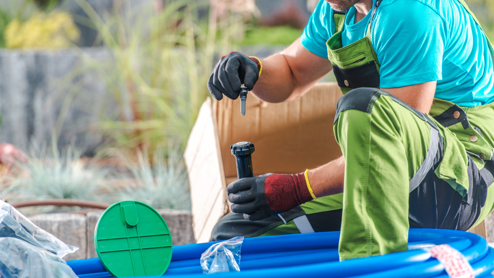 Technician inserting nozzle into sprinkler head next to irrigation supplies