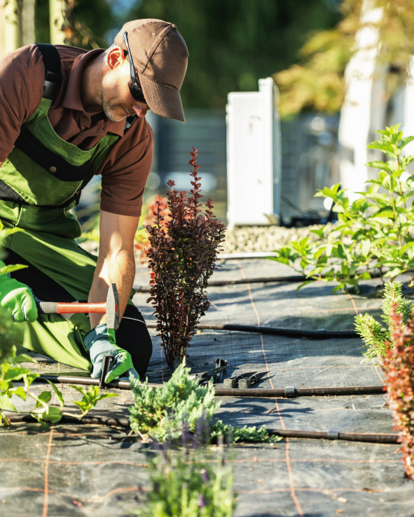 Landscaper installing drip irrigation with ground cover